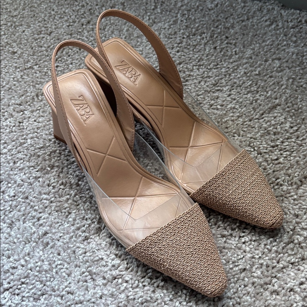 Zara Beige Slingback Heels with Clear Accents